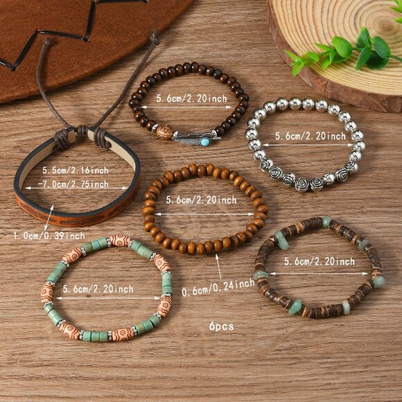 BOHO CHIC! 6pc Stackable Bracelet Set - Wood Beads, Turquoise, Feather & Leather - Picture 2 of 2
